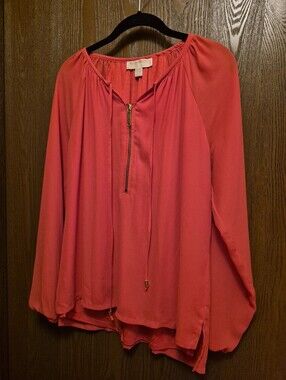 Michael Kors Women’s Coral Long-Sleeve Zip Peasant Blouse Size 6